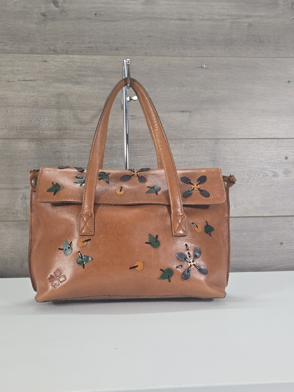 Patricia Nash Floral Appliqué Brown Leather Satchel Shoulder Bag Purse